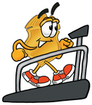 Clip art Graphic of a Gold Law Enforcement Police Badge Cartoon Character Walking on a Treadmill in a Fitness Gym