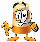 Clip art Graphic of a Construction Road Safety Barrel Cartoon Character Looking Through a Magnifying Glass