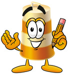 Clip art Graphic of a Construction Road Safety Barrel Cartoon Character Holding a Pencil