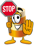 Clip art Graphic of a Construction Road Safety Barrel Cartoon Character Holding a Stop Sign