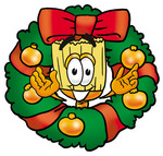 Clip Art Graphic of a Straw Broom Cartoon Character in the Center of a Christmas Wreath
