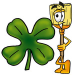Clip Art Graphic of a Straw Broom Cartoon Character With a Green Four Leaf Clover on St Paddy’s or St Patricks Day
