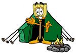 Clip Art Graphic of a Straw Broom Cartoon Character Camping With a Tent and Fire