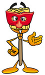 Clip Art Graphic of a Straw Broom Cartoon Character Wearing a Red Mask Over His Face