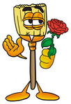Clip Art Graphic of a Straw Broom Cartoon Character Holding a Red Rose on Valentines Day