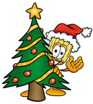 Clip Art Graphic of a Straw Broom Cartoon Character Waving and Standing by a Decorated Christmas Tree