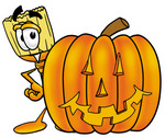 Clip Art Graphic of a Straw Broom Cartoon Character With a Carved Halloween Pumpkin