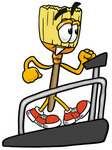 Clip Art Graphic of a Straw Broom Cartoon Character Walking on a Treadmill in a Fitness Gym