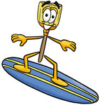 Clip Art Graphic of a Straw Broom Cartoon Character Surfing on a Blue and Yellow Surfboard