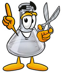 Clip art Graphic of a Laboratory Flask Beaker Cartoon Character Holding a Pair of Scissors