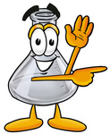 Clip art Graphic of a Laboratory Flask Beaker Cartoon Character Waving and Pointing