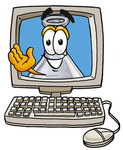Clip art Graphic of a Laboratory Flask Beaker Cartoon Character Waving From Inside a Computer Screen