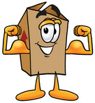 Clip Art Graphic of a Cardboard Shipping Box Cartoon Character Flexing His Arm Muscles