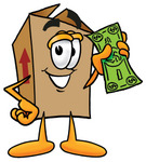 Clip Art Graphic of a Cardboard Shipping Box Cartoon Character Holding a Dollar Bill
