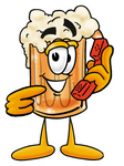 Clip art Graphic of a Frothy Mug of Beer or Soda Cartoon Character Holding a Telephone