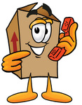 Clip Art Graphic of a Cardboard Shipping Box Cartoon Character Holding a Telephone