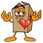 Clip Art Graphic of a Cardboard Shipping Box Cartoon Character With His Heart Beating Out of His Chest
