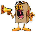 Clip Art Graphic of a Cardboard Shipping Box Cartoon Character Screaming Into a Megaphone