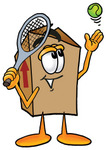 Clip Art Graphic of a Cardboard Shipping Box Cartoon Character Preparing to Hit a Tennis Ball