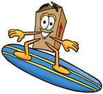 Clip Art Graphic of a Cardboard Shipping Box Cartoon Character Surfing on a Blue and Yellow Surfboard