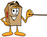 Clip Art Graphic of a Cardboard Shipping Box Cartoon Character Holding a Pointer Stick