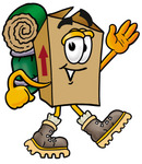 Clip Art Graphic of a Cardboard Shipping Box Cartoon Character Hiking and Carrying a Backpack