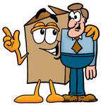 Clip Art Graphic of a Cardboard Shipping Box Cartoon Character Talking to a Business Man