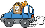 Clip Art Graphic of a Cardboard Shipping Box Cartoon Character Driving a Blue Car and Waving