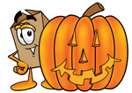 Clip Art Graphic of a Cardboard Shipping Box Cartoon Character With a Carved Halloween Pumpkin