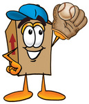 Clip Art Graphic of a Cardboard Shipping Box Cartoon Character Catching a Baseball With a Glove