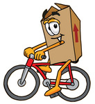 Clip Art Graphic of a Cardboard Shipping Box Cartoon Character Riding a Bicycle