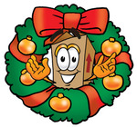 Clip Art Graphic of a Cardboard Shipping Box Cartoon Character in the Center of a Christmas Wreath
