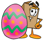 Clip Art Graphic of a Cardboard Shipping Box Cartoon Character Standing Beside an Easter Egg