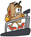 Clip Art Graphic of a Cardboard Shipping Box Cartoon Character Walking on a Treadmill in a Fitness Gym