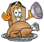Clip Art Graphic of a Cardboard Shipping Box Cartoon Character Serving a Thanksgiving Turkey on a Platter