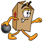 Clip Art Graphic of a Cardboard Shipping Box Cartoon Character Holding a Bowling Ball