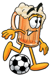 Clip art Graphic of a Frothy Mug of Beer or Soda Cartoon Character Kicking a Soccer Ball