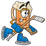 Clip art Graphic of a Frothy Mug of Beer or Soda Cartoon Character Playing Ice Hockey