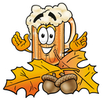 Clip art Graphic of a Frothy Mug of Beer or Soda Cartoon Character With Autumn Leaves and Acorns in the Fall