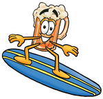 Clip art Graphic of a Frothy Mug of Beer or Soda Cartoon Character Surfing on a Blue and Yellow Surfboard