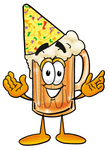 Clip art Graphic of a Frothy Mug of Beer or Soda Cartoon Character Wearing a Birthday Party Hat