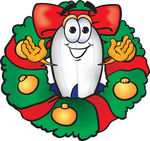 Clip art Graphic of a Dirigible Blimp Airship Cartoon Character in the Center of a Christmas Wreath