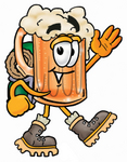Clip art Graphic of a Frothy Mug of Beer or Soda Cartoon Character Hiking and Carrying a Backpack