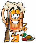 Clip art Graphic of a Frothy Mug of Beer or Soda Cartoon Character Duck Hunting, Standing With a Rifle and Duck