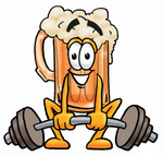 Clip art Graphic of a Frothy Mug of Beer or Soda Cartoon Character Lifting a Heavy Barbell