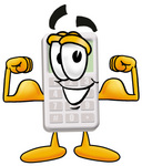 Clip Art Graphic of a Calculator Cartoon Character Flexing His Arm Muscles