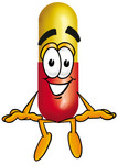 Clip Art Graphic of a Red and Yellow Pill Capsule Cartoon Character Sitting