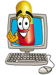 Clip Art Graphic of a Red and Yellow Pill Capsule Cartoon Character Waving From Inside a Computer Screen