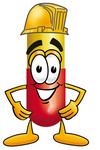 Clip Art Graphic of a Red and Yellow Pill Capsule Cartoon Character Wearing a Hardhat Helmet