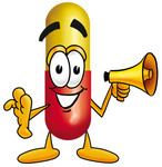 Clip Art Graphic of a Red and Yellow Pill Capsule Cartoon Character Holding a Megaphone